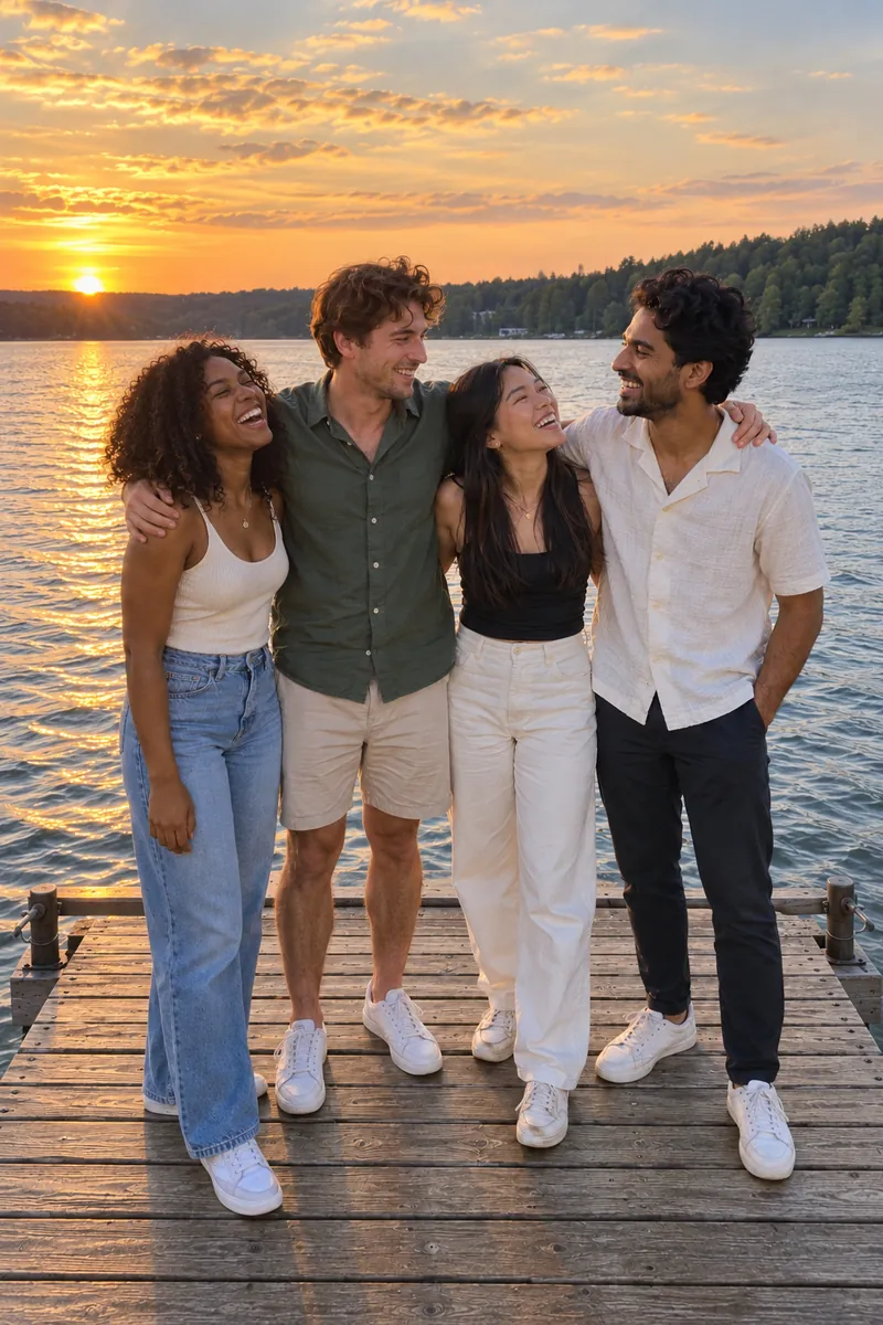 Four friends on a pier at sunset, arms around each other