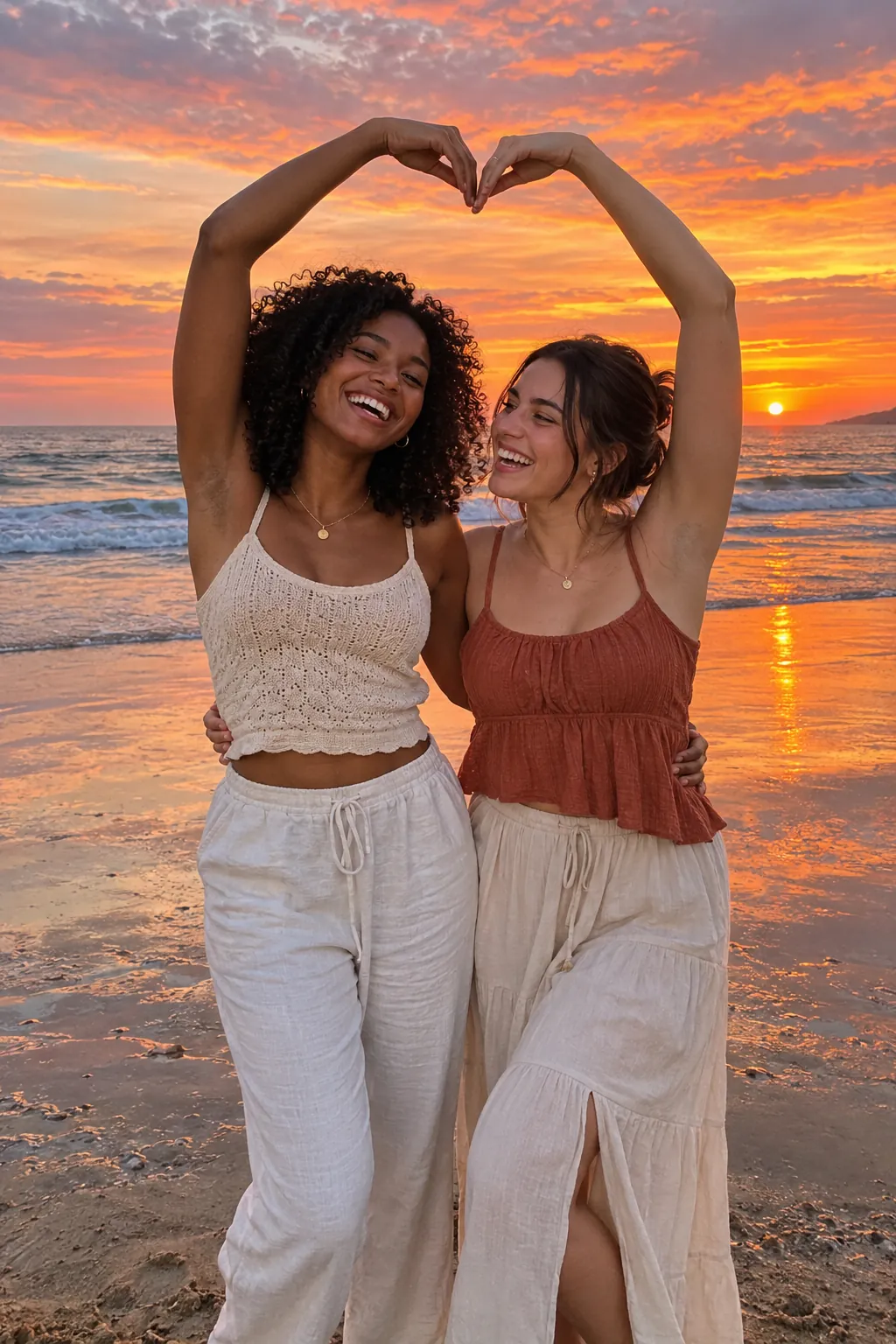 Two friends on a beach at sunset make one big heart above their heads