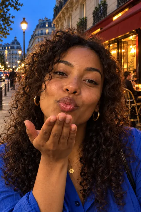 A woman blows a kiss on a Paris street at dusk