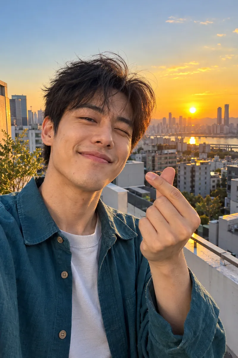 A young man on a rooftop at sunset shows a finger heart