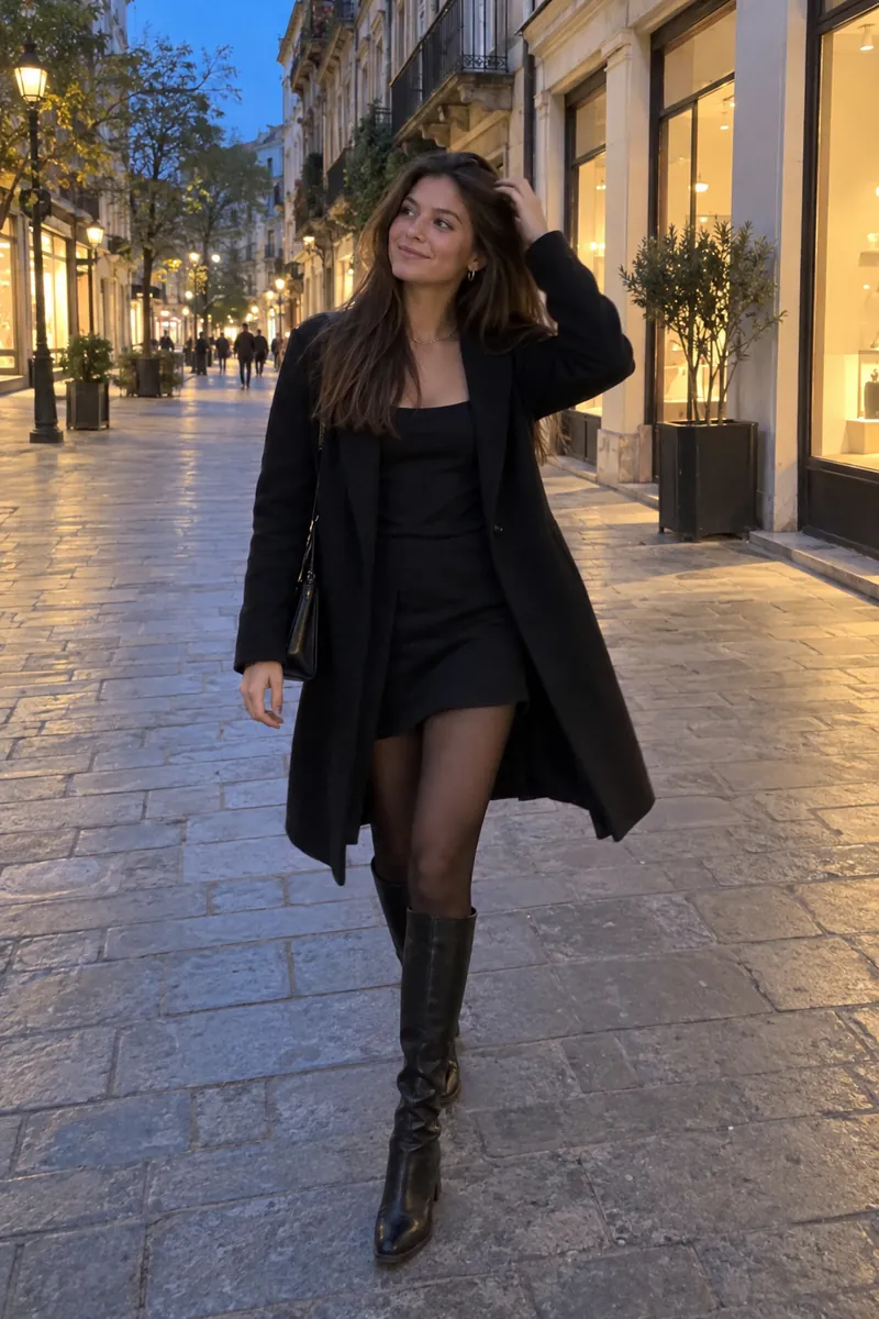 A woman in a long coat steps toward the camera on a city street at dusk, shot from waist height